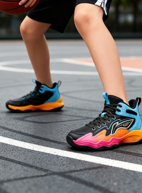 李宁儿童篮球鞋龙拳青少年新款拼接弹力减震系带高帮学生运动鞋