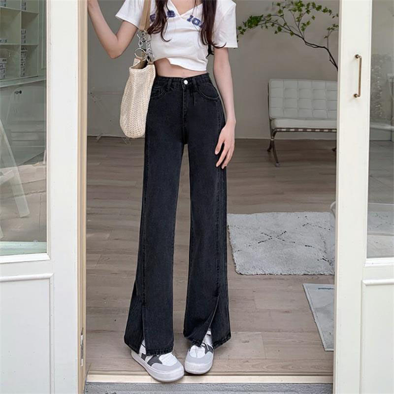 黑色直筒牛仔裤女苹果梨型身材大码胖mm遮胯显瘦侧开叉设计阔腿裤
