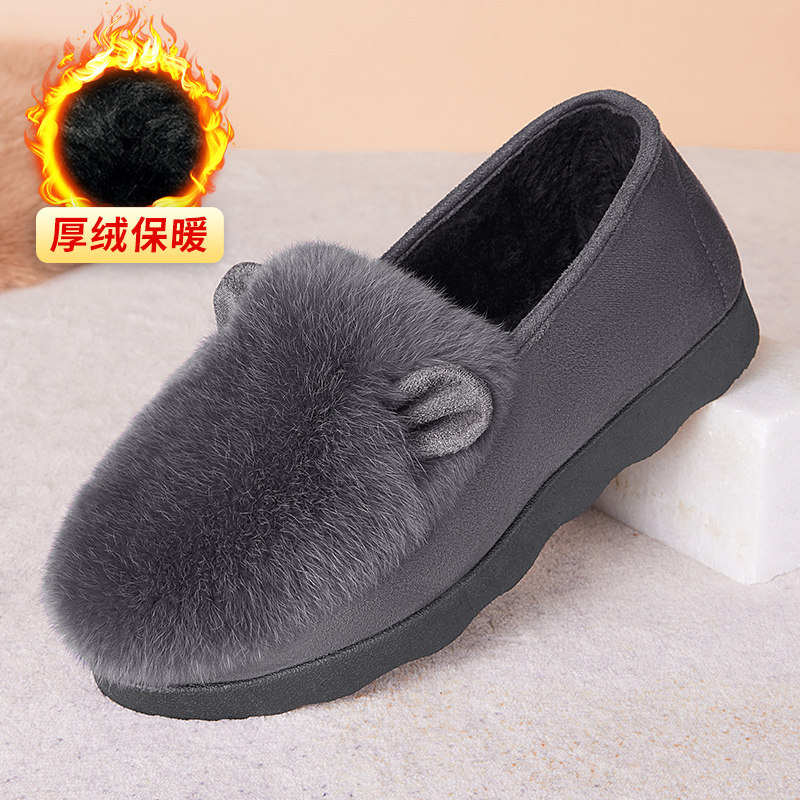 棉鞋女冬季加绒加厚保暖一脚蹬布鞋妈妈老北京毛毛老年人豆豆鞋子