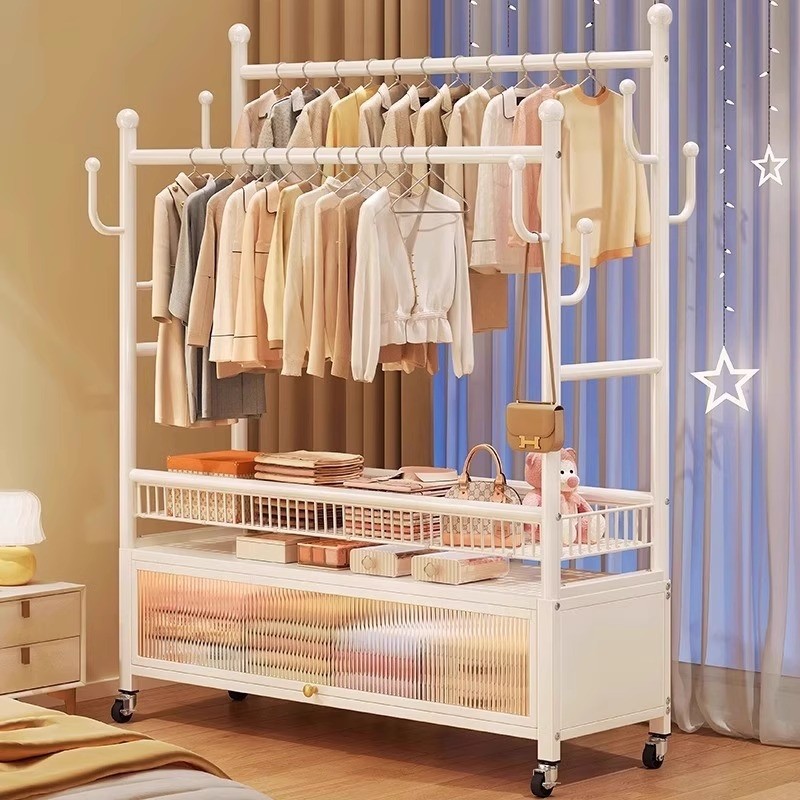 四季沐歌挂衣架落地卧室家用可移动室内双杆晾衣架多功能衣帽架