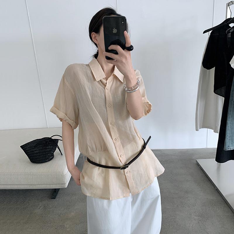 TG 苎麻轻薄短袖衬衫女2025夏季新款小众设计系皮带压褶上衣24782