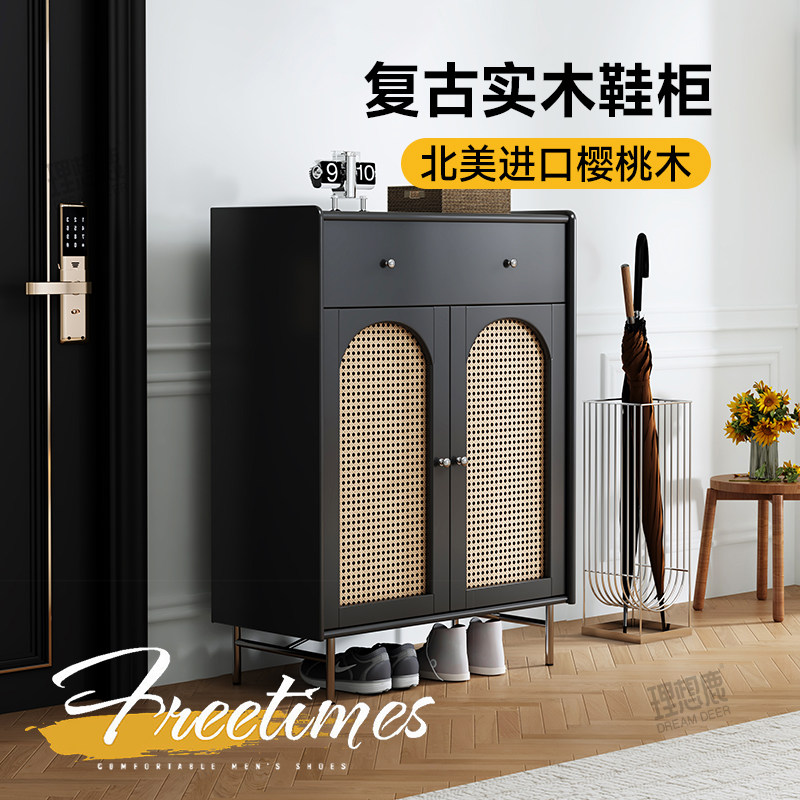 实木鞋柜家用门口2026新款法式复古入户收纳玄关柜子中古藤编黑色