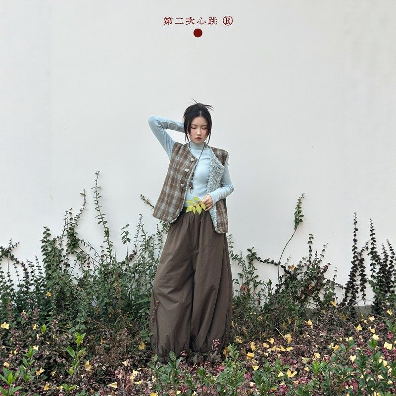 第二次心跳●原创草木染 |极简风韩系格纹羊羔毛马甲棉裤长裤套装