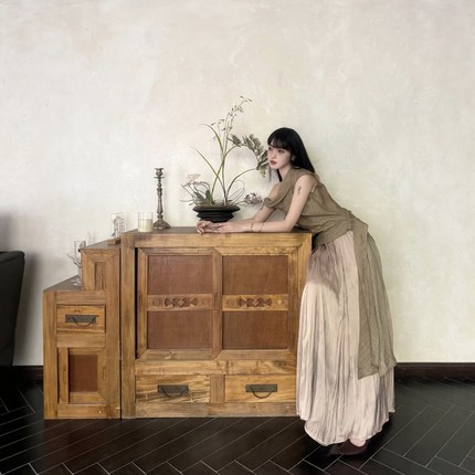 孤品「雨中生」纯手工植物染 | 新中式清凉斜肩上衣棉麻印花长裙