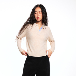 EATMI 「会议室松弛」100羊毛蓝白条纹拼接polo领毛衣