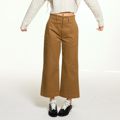 EATMI「法式裁切」系列 知识分子经典中腰挺阔卡其九分直筒阔腿裤