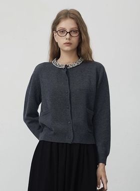 EATMI领口重工水钻钉珠纯羊毛针织开衫