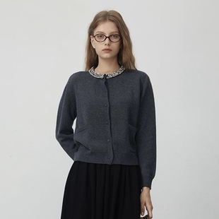 EATMI领口重工水钻钉珠纯羊毛针织开衫