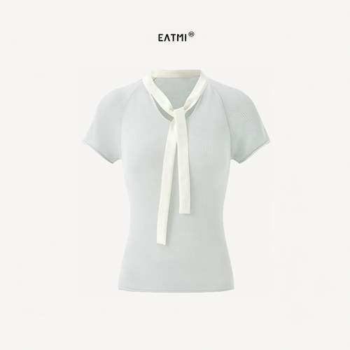 EATMI薄软拼接缎带飘带针织衫