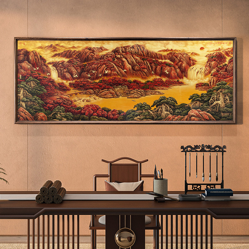 鸿运当头铜画墙壁装饰画古典挂画客厅新中式高端背景墙国画山水画