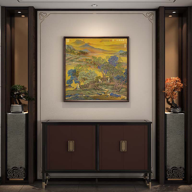 古歌元作游骑图山水画茶室国风艺术画客厅沙发背景墙装饰画楼阁图