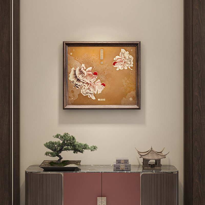 玄关办公室锦鲤新中式手工铜画