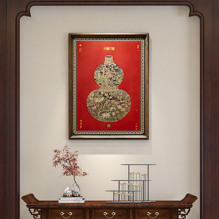 福禄临门新中式入户玄关装饰画沙发背景墙挂画实木框艺术手工烧制