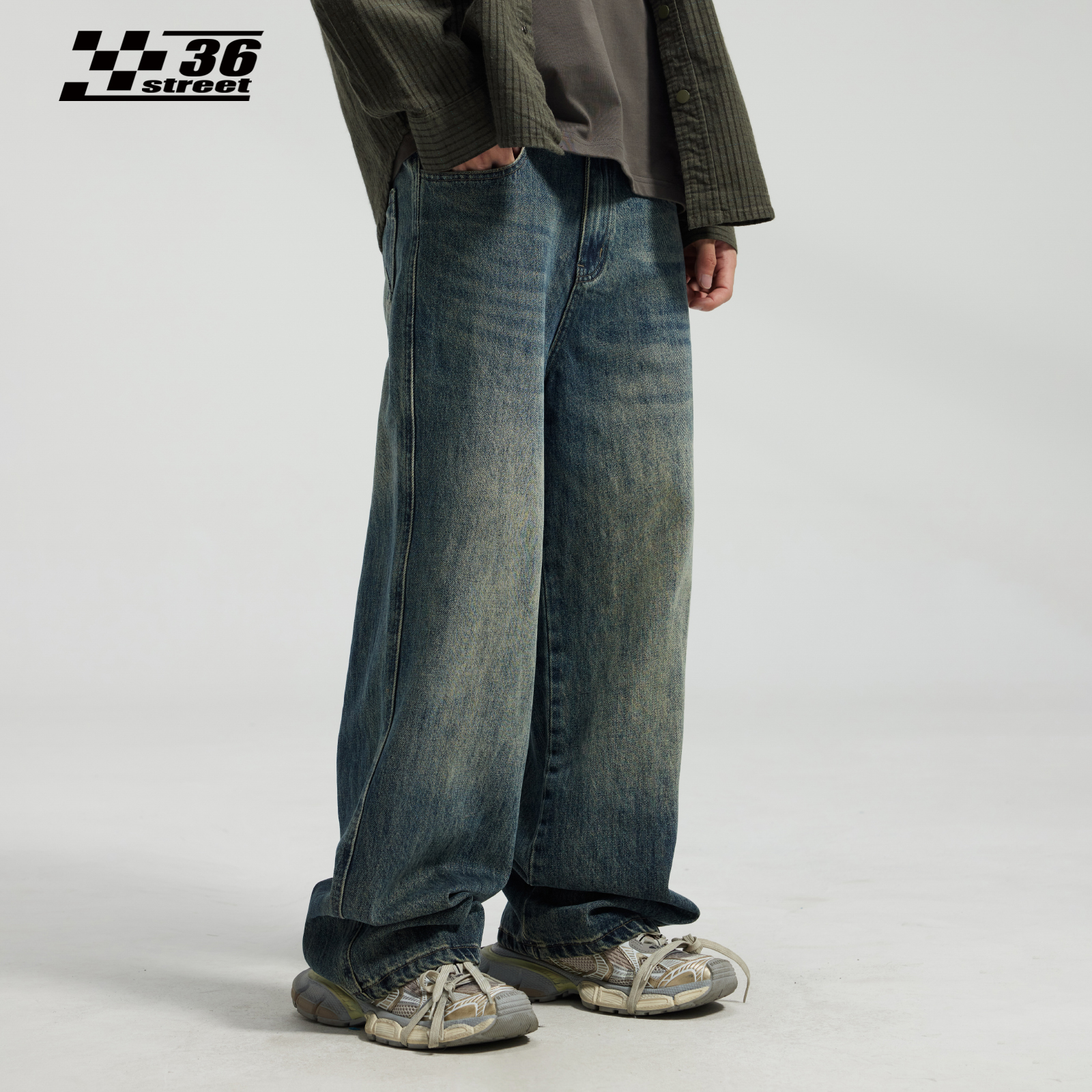 三十六街美式复古做旧水洗牛仔裤