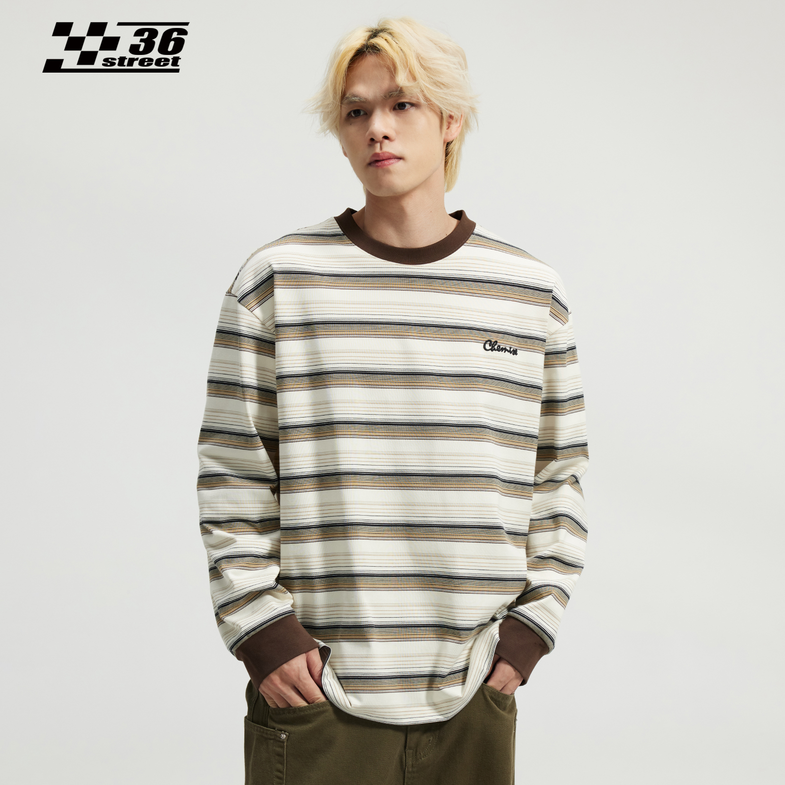 三十六街美式圆领条纹长袖t恤
