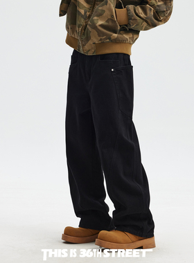 小众设计感弯刀裤男秋冬加绒黑色牛仔裤美式高街直筒休闲工装裤子