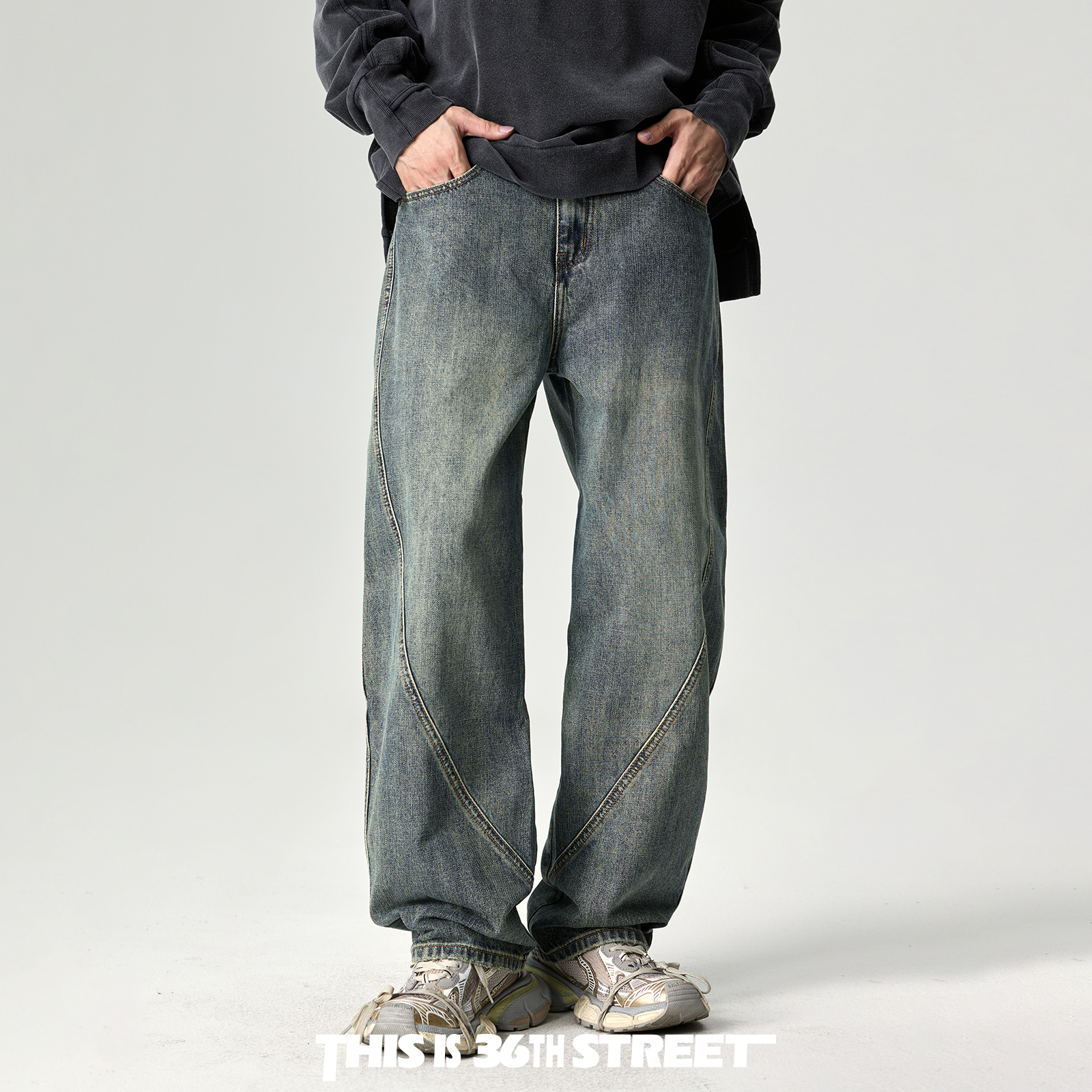 三十六街美式复古水洗弯刀牛仔裤