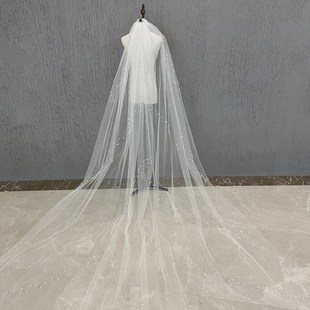 新娘主婚纱头纱长款单层样片珍珠拍照跟妆影楼摄影高级感森系头饰