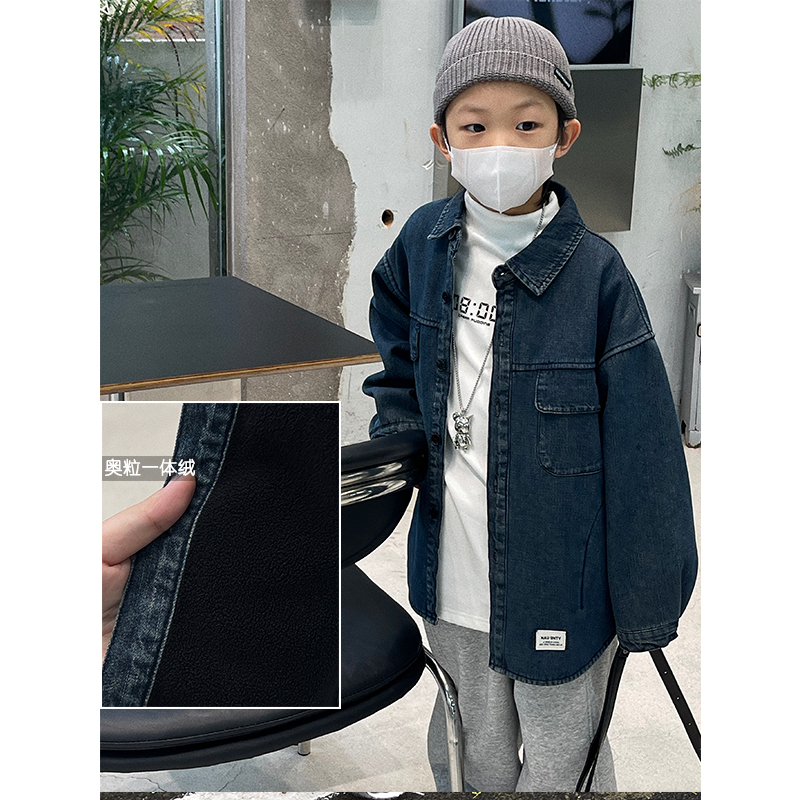 男童牛仔衬衫加绒加厚中小童牛仔外套洋派M秋冬款童装儿童长袖衬