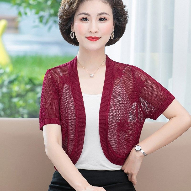 妈妈镂空针织开衫女夏装短袖披肩中老年洋气短薄款外套外搭小坎肩