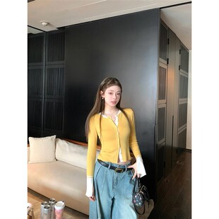 小鸡黄色开衫针织衫薄款2025春夏新款撞色拼接设计感软糯外搭上衣