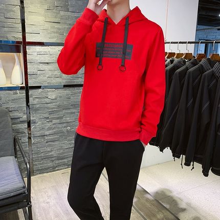 红色男士运动套装秋季设计感英y文印花弹力大码休闲远动卫衣连帽