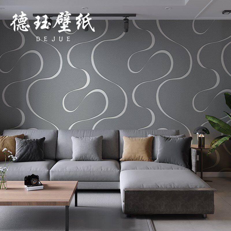 北欧灰色咖色几何线条曲线波浪纹壁纸客厅卧室电视背W景墙纸高级
