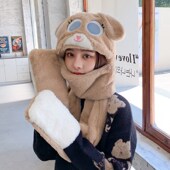 新款 围巾连帽一体韩版 女百搭可爱毛绒帽冬季 小兔耳朵帽子网红爆款