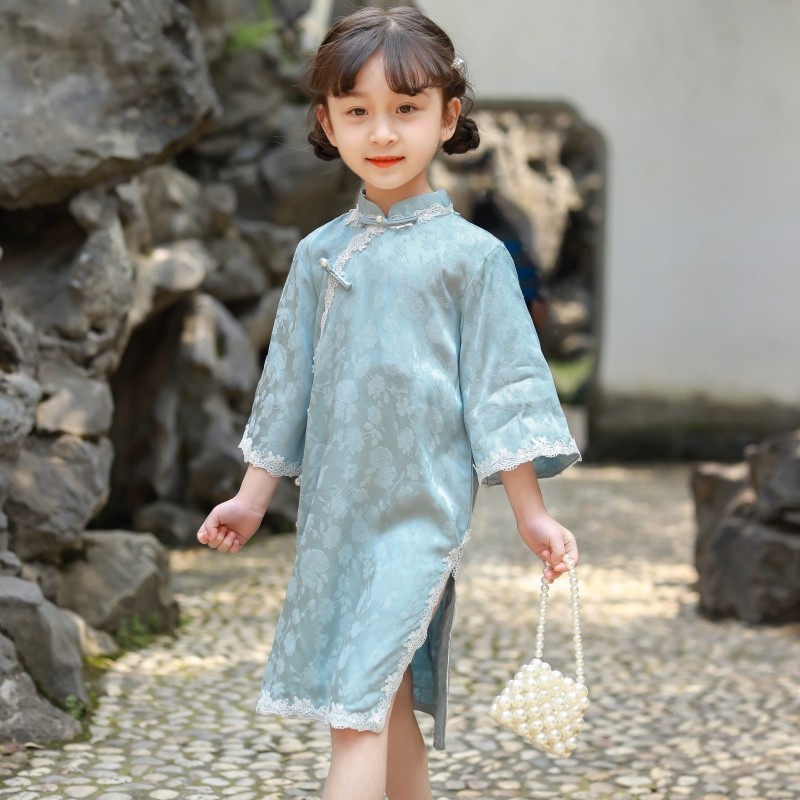 夏季新款女童旗袍中国风蕾丝花边中长款连衣裙改良洋气古风旗袍裙