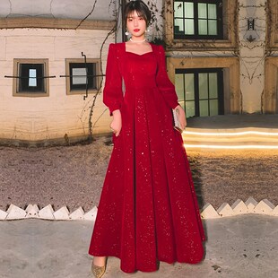 敬酒服新娘2024新款年会宴会红色连衣裙长袖秋冬季高级气质晚礼服