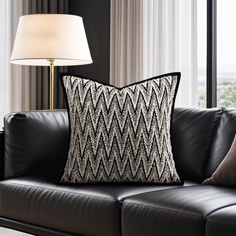 黑白条纹棉麻f抱枕套侘寂风靠垫民宿样板间黑色皮革沙发方枕靠枕