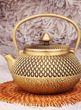 黄铜编制茶壶办公室茶桌面茶具装饰复古铜壶家居摆V件提梁壶工艺