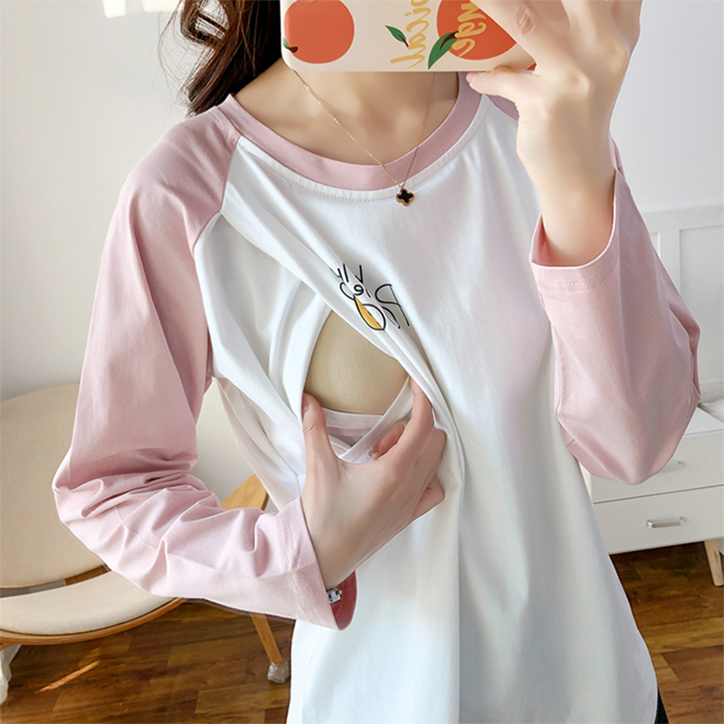 产后哺乳衣秋装外出长袖T恤纯棉月子服上衣N薄款春秋装喂奶期衣服