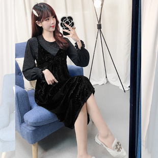 孕妇装套装秋装时尚裙子中长x款秋冬款高级感亮丝连衣裙秋冬两件