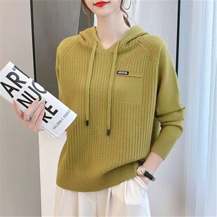 2024年新款春款连帽卫衣女士韩版宽松女装毛衣春秋羊毛针织上衣潮