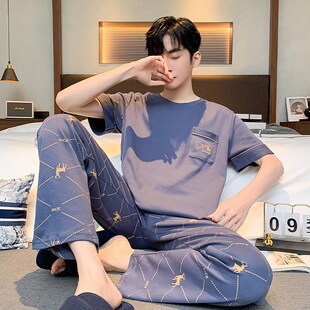 睡衣男春夏季纯棉圆领格子印花简约短袖I长裤两件套舒适学生家居