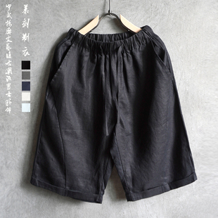 薄款 纯色中腰沙滩裤 男士 青年潮流复古宽松五分裤 休闲亚麻短裤 夏季