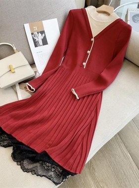 高货假两件红色针织连衣裙中长款20C24秋冬新款配大衣打底内搭毛