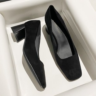 女2024年秋新款 气质黑色绒面高跟鞋 方头粗跟职业T百搭通勤中跟单