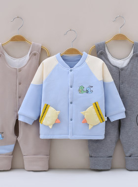 婴儿薄棉衣三件套春秋季新生儿衣服外套0-1岁夹棉宝宝背带裤套装