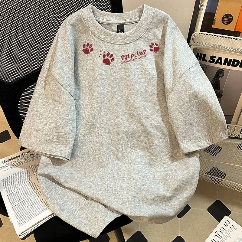 特大码300斤潮牌狼爪印花短袖T恤男女夏季情侣纯棉重磅半袖体恤衫