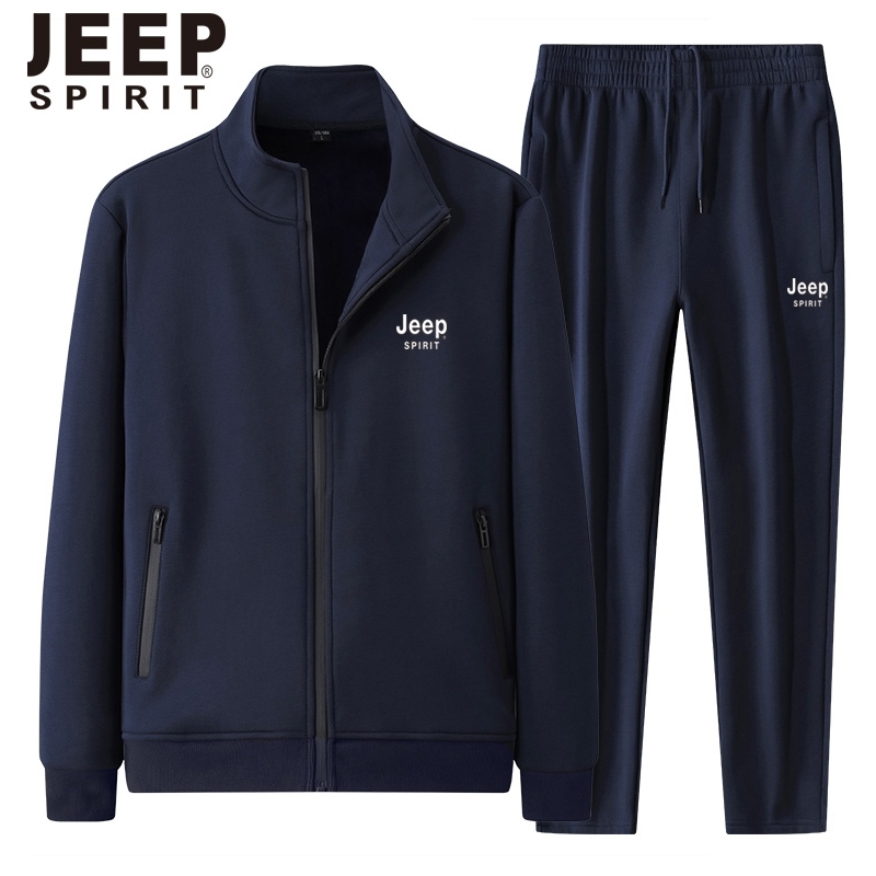 JEEP吉普男士运动套装冬季加绒纯棉中年爸爸休闲服装保暖加厚外套
