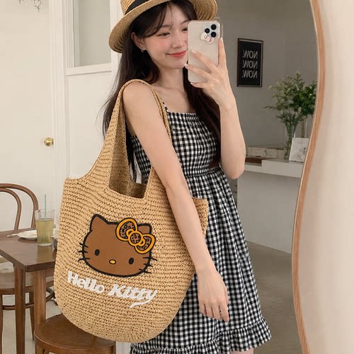Hello Kitty可爱编织托特包女大容量草编单肩包海边度假通勤包