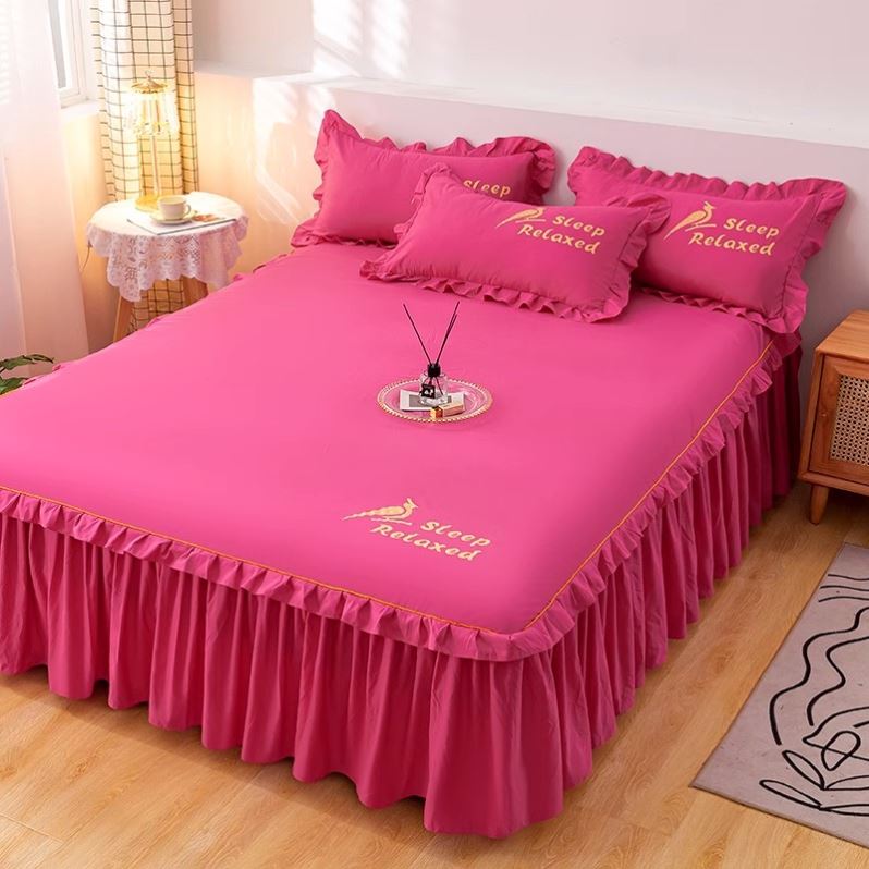 红色结婚床套床罩单件床裙2023新款床笠女方出嫁床单婚庆荷叶边i.