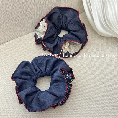 韩版水洗牛仔布艺双层勾边束腰大肠发圈气质AB面发绳百搭气质头绳
