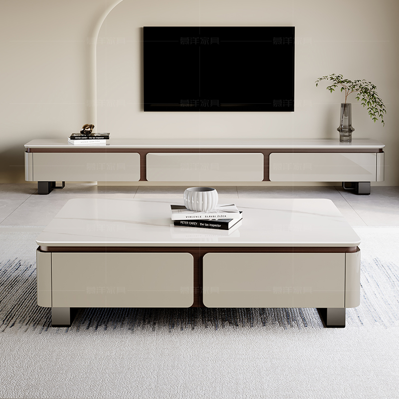 茶几岩板长方形带抽屉电视柜轻奢