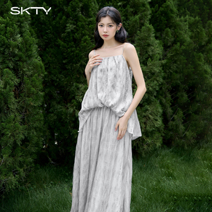 SKTY2023新款辣妹无袖吊带网纱背心小众显瘦丝光高腰半身裙套装女