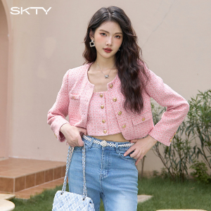 SKTY早秋重工气质编织小香风短款外套女吊带宽松马甲上衣两件套女