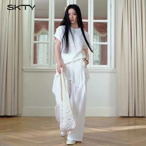 SKTY高腰垂感休闲阔腿裤女2024新款别致百搭T恤波点裙帘两件套装