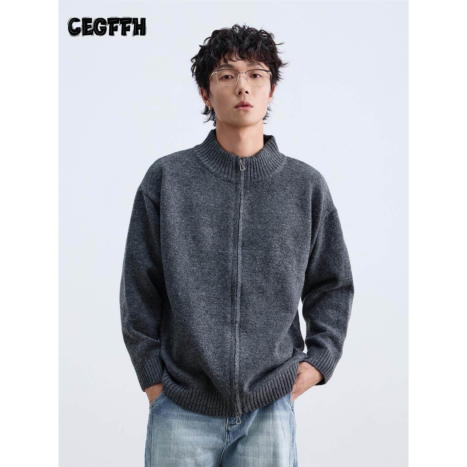 CEGFFH美式复古立领双头拉链开衫毛衣外套男女潮牌宽松针织衫上衣